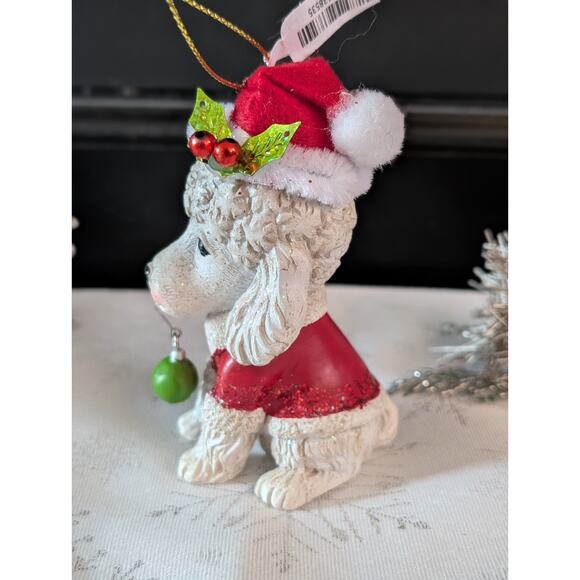 Pier 1 Christmas Poodle Dog Ornament Santa Hat Glitter Red Coat Holiday Decor - Picture 4 of 10
